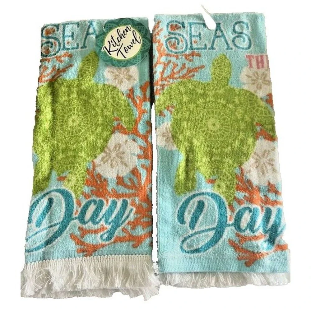 Sea Turtle Dish Kitchen Towels Beach Summer Seas the Day Sand Dollar Set of 2